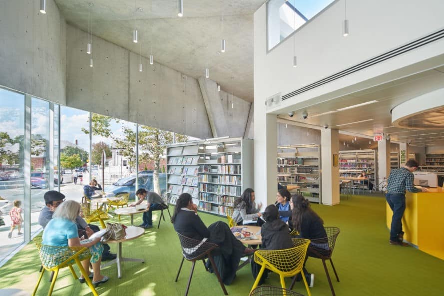 Kew Gardens Hill Library by Work Architecture Company, Kew Gardens Hill Library, Kew Gardens Hill Library Queens, green-roofed library, Queens green roof NYC, glass fiber reinforced concrete facade,