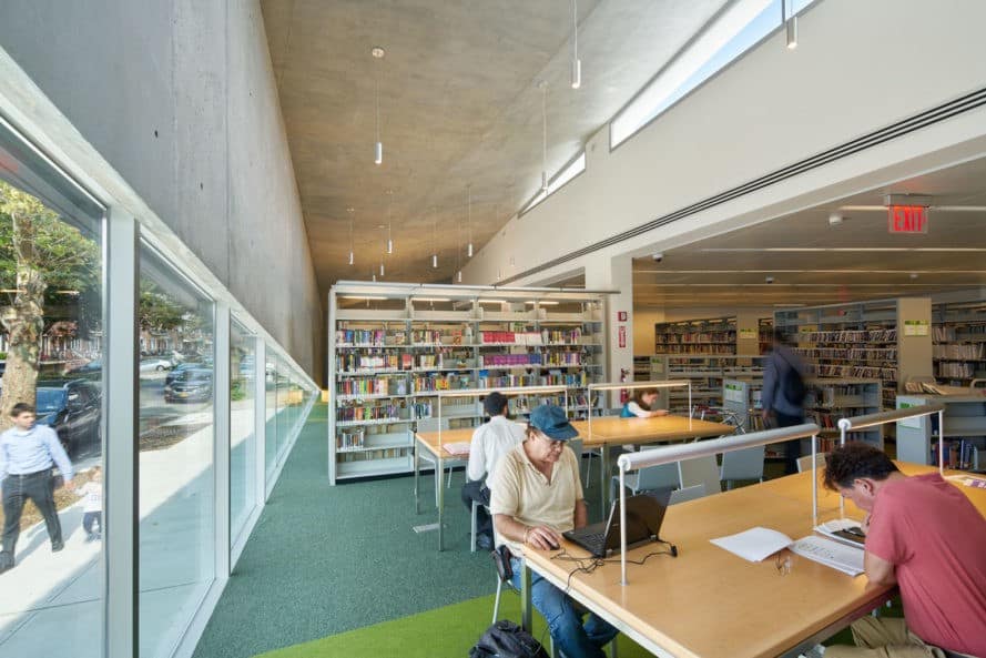 Kew Gardens Hill Library by Work Architecture Company, Kew Gardens Hill Library, Kew Gardens Hill Library Queens, green-roofed library, Queens green roof NYC, glass fiber reinforced concrete facade,