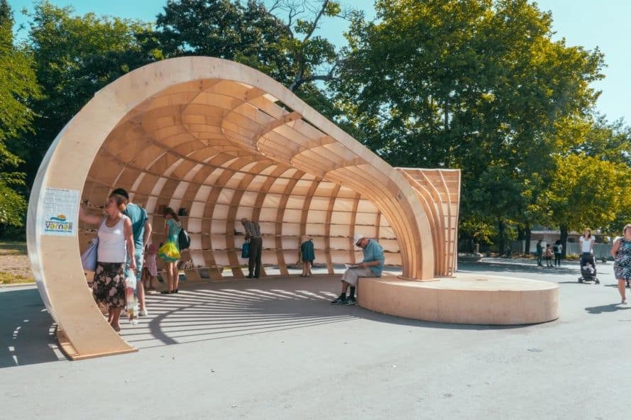 Rapana street library, Rapana library in Varna, Bulgaria street library, CNC milled pavilion, curvaceous timber pavilion, European Youth Capital, European Youth Capital funds, 3D modeled library