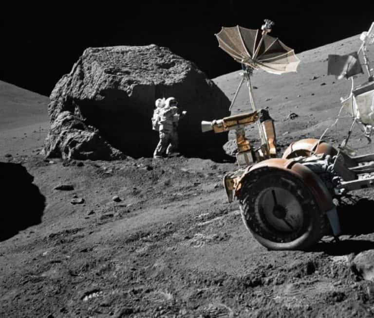 lunar boulder, moon boulder, astronaut on the moon, moon mission