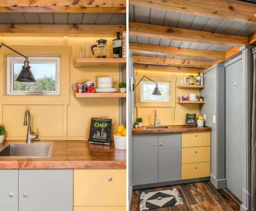 New Frontier Tiny Homes, Cornelia Tiny Home, Writer-Inspired Tiny House, tiny home design, tiny home living, living in a tiny home, cool tiny homes, Cornelia Funke, writers cabin, reclaimed wood, reclaimed timber, tiny writers studio, how to build a tiny home, space efficient furniture, sleeping lofts, vaulted ceilings in tiny homes