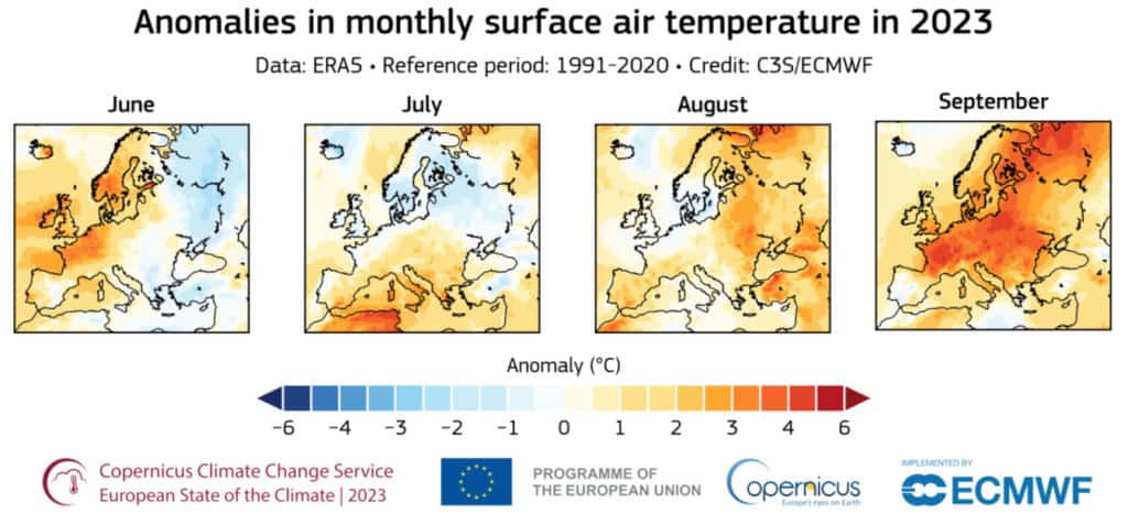 Rys. 1. Mapy miesiecznej anomalii temperatury powietrza przy powierzchni w 2023 r. w odniesieniu do okresu odniesienia 1991–2020