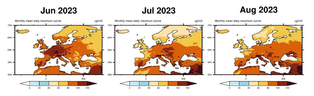 Rys. 2. Srednie maksymalne dzienne stezenie ozonu w kazdym miesiacu lata 2023 r